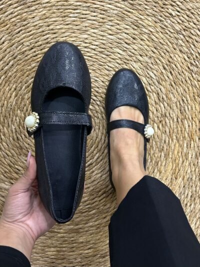 Ballerines simili cuir noir  à perle