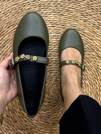 Ballerine vert bouteille accessoires fleurs