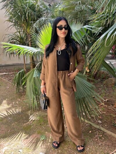 Ensemble lin camel a rayures