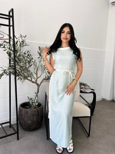 Robe droite  bleu ciel et blanc en lin