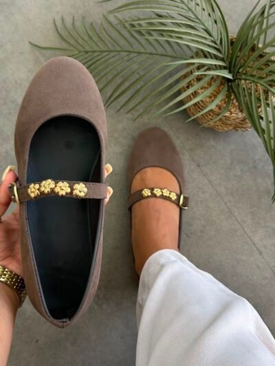 Ballerines à fleur taupe en daim