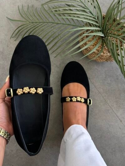 Ballerine à fleur noir daim