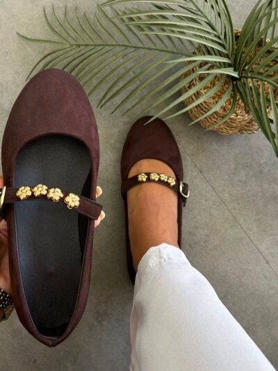 Ballerines à fleur marron daim